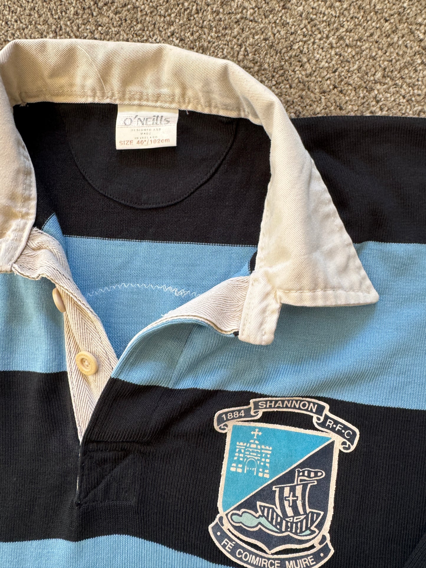 90's Medium O'Neills Shannon RFC Blue and Navy Rugby Shirt