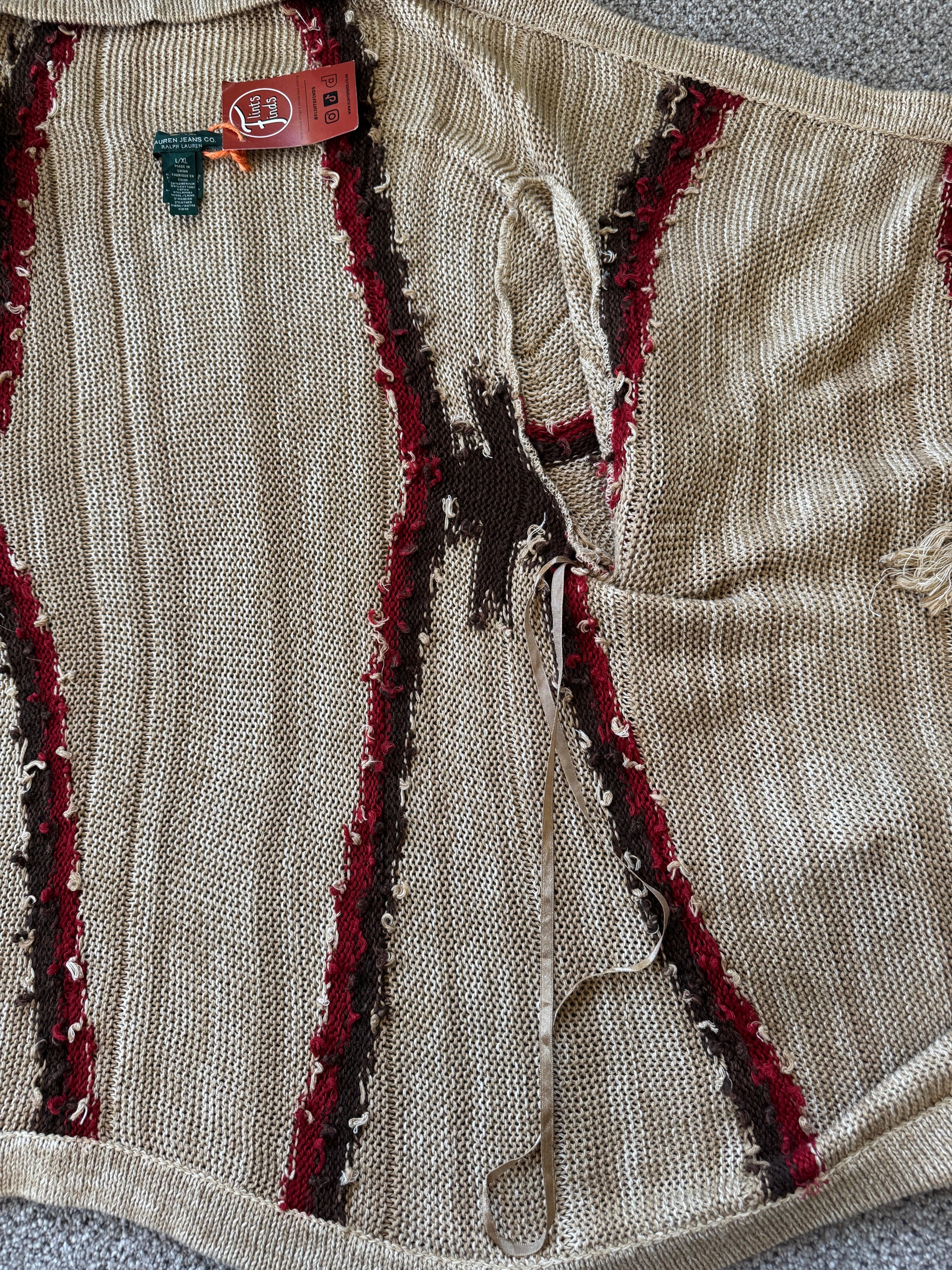 Woman's Large Ralph Lauren Southwestern Tribal Aztec Beige Shawl Cardigan Wrap