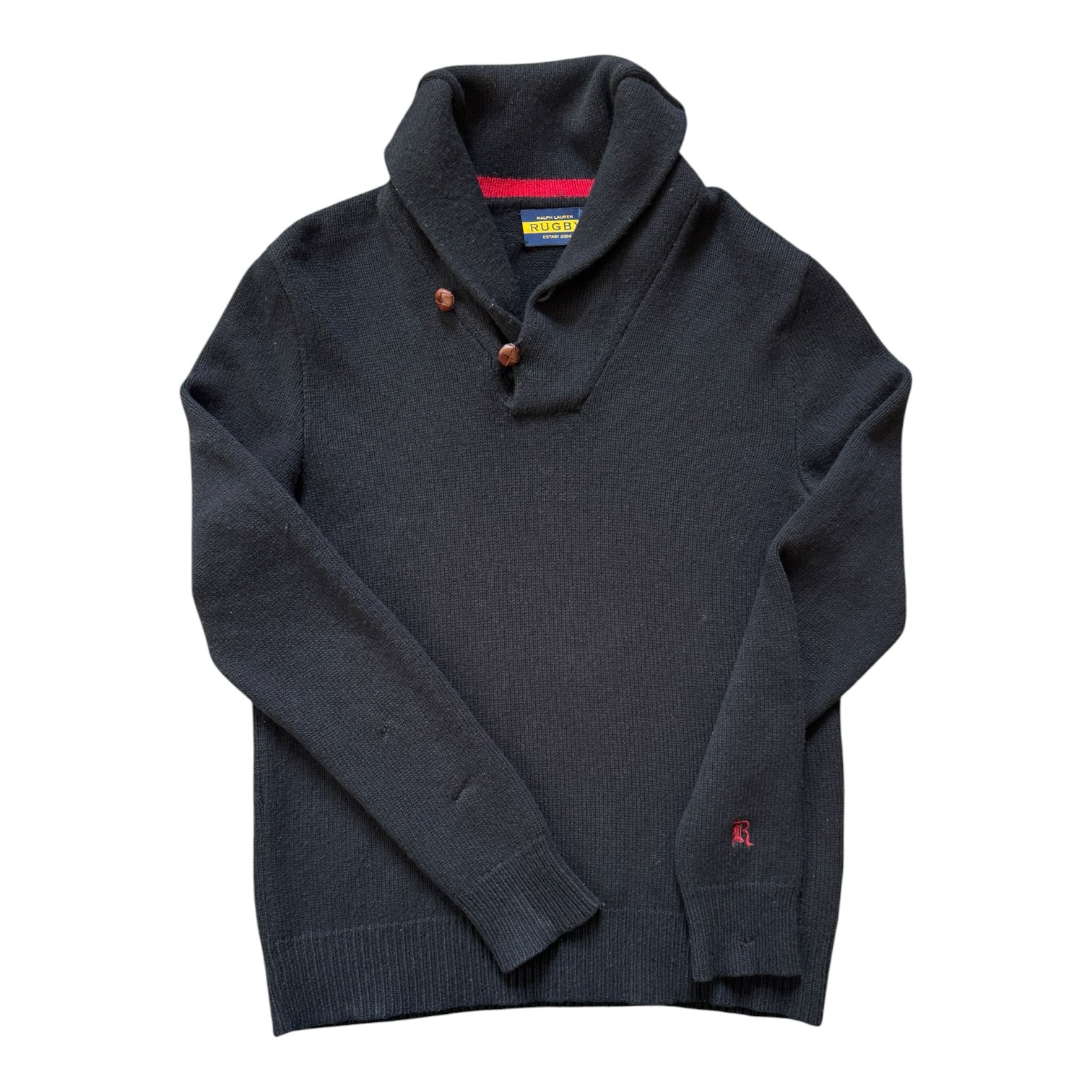 Medium Ralph Lauren Rugby Black Shetland Wool Shawl Neck Jumper - Repaired