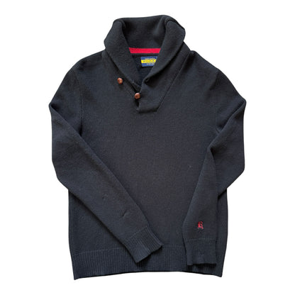 Medium Ralph Lauren Rugby Black Shetland Wool Shawl Neck Jumper - Repaired