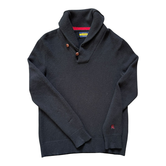 Medium Ralph Lauren Rugby Black Shetland Wool Shawl Neck Jumper - Repaired