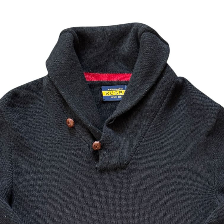 Medium Ralph Lauren Rugby Black Shetland Wool Shawl Neck Jumper - Repaired
