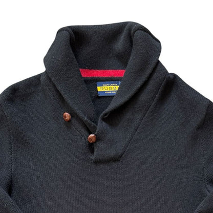 Medium Ralph Lauren Rugby Black Shetland Wool Shawl Neck Jumper - Repaired