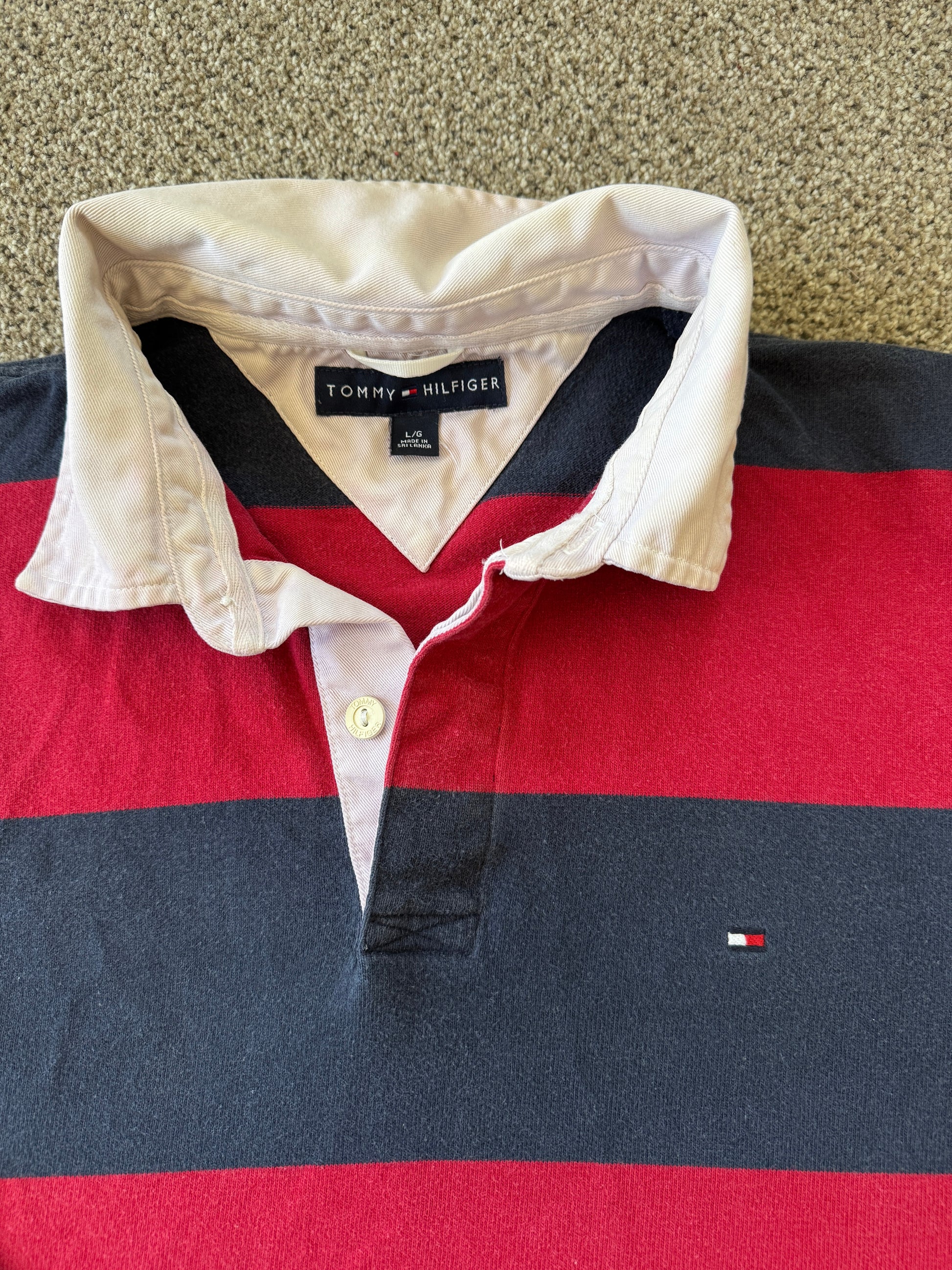 Large Tommy Hilfiger Navy and Red Rugby Shirt