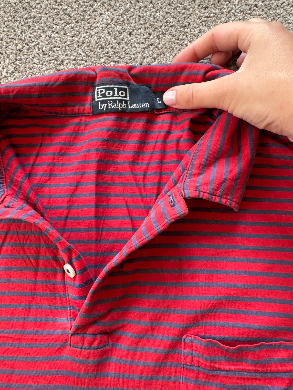 Large Ralph Lauren Red and Navy Striped Pocket Polo Shirt
