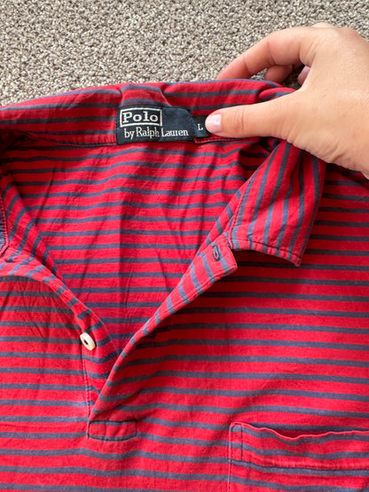 Large Ralph Lauren Red and Navy Striped Pocket Polo Shirt