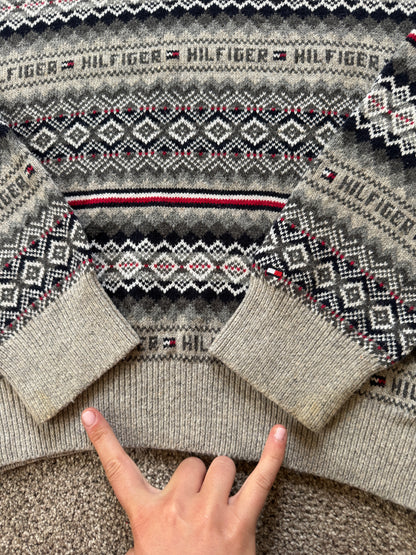 Large Tommy Hilfiger Grey Fair Isle Style Knitted Jumper