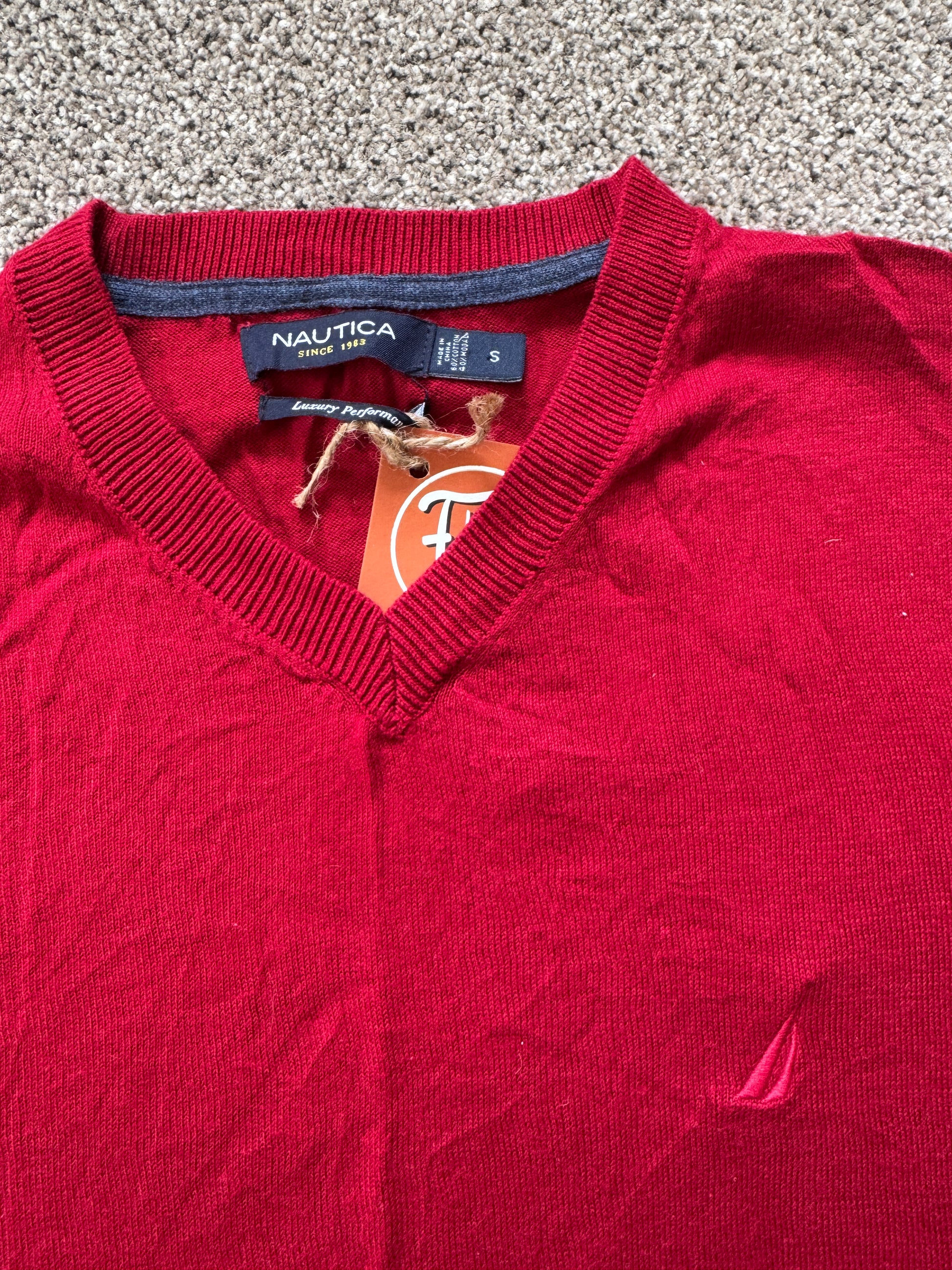 Small Nautica Red V-Neck Jumper - stains