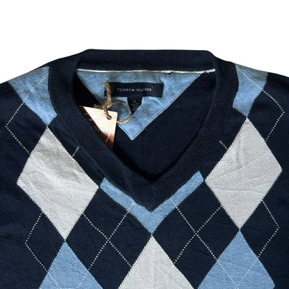 Extra large Tommy Hilfiger Navy, White and Blue Argyle V-Neck Jumper