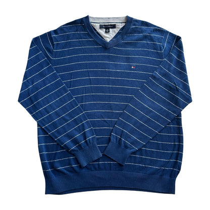 Large Tommy Hilfiger Blue and Grey Striped V-Neck Jumper