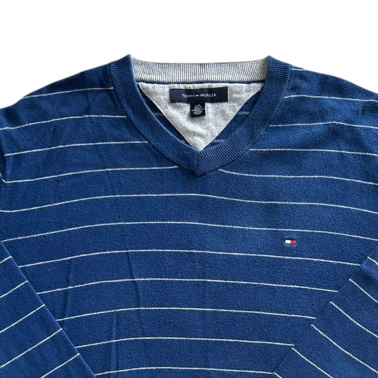 Large Tommy Hilfiger Blue and Grey Striped V-Neck Jumper