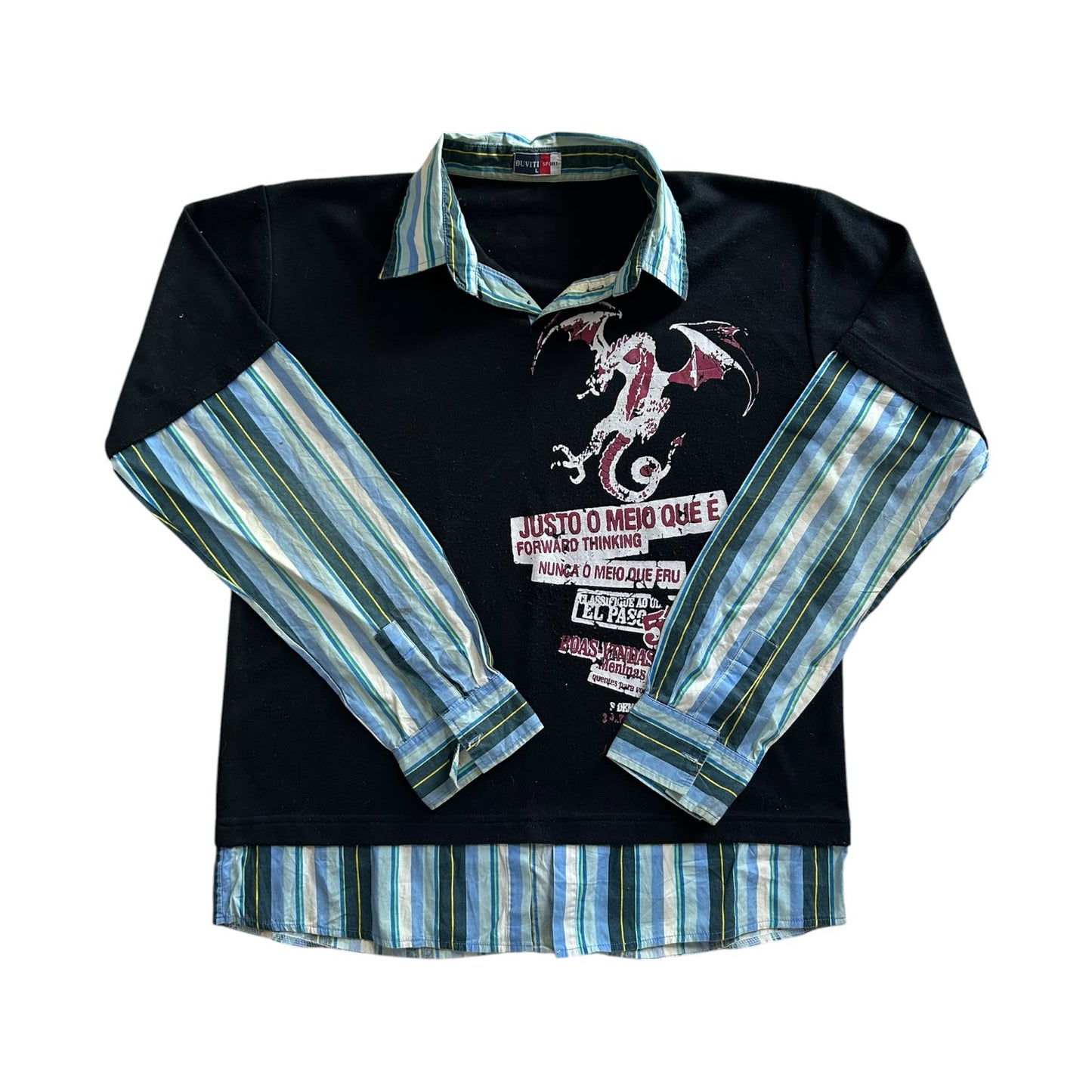 Large Buviti Sport Black with Blue Striped Built in Sleeves Rugby Shirt