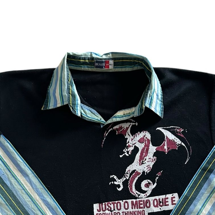Large Buviti Sport Black with Blue Striped Built in Sleeves Rugby Shirt
