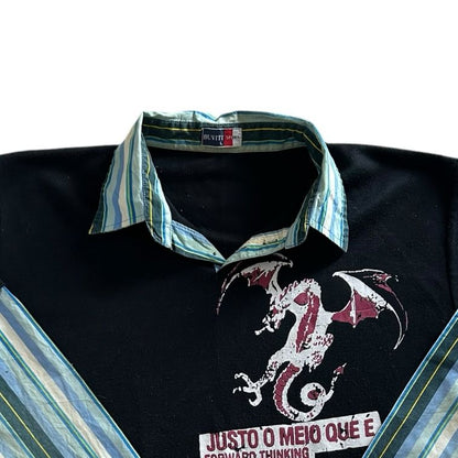 Large Buviti Sport Black with Blue Striped Built in Sleeves Rugby Shirt