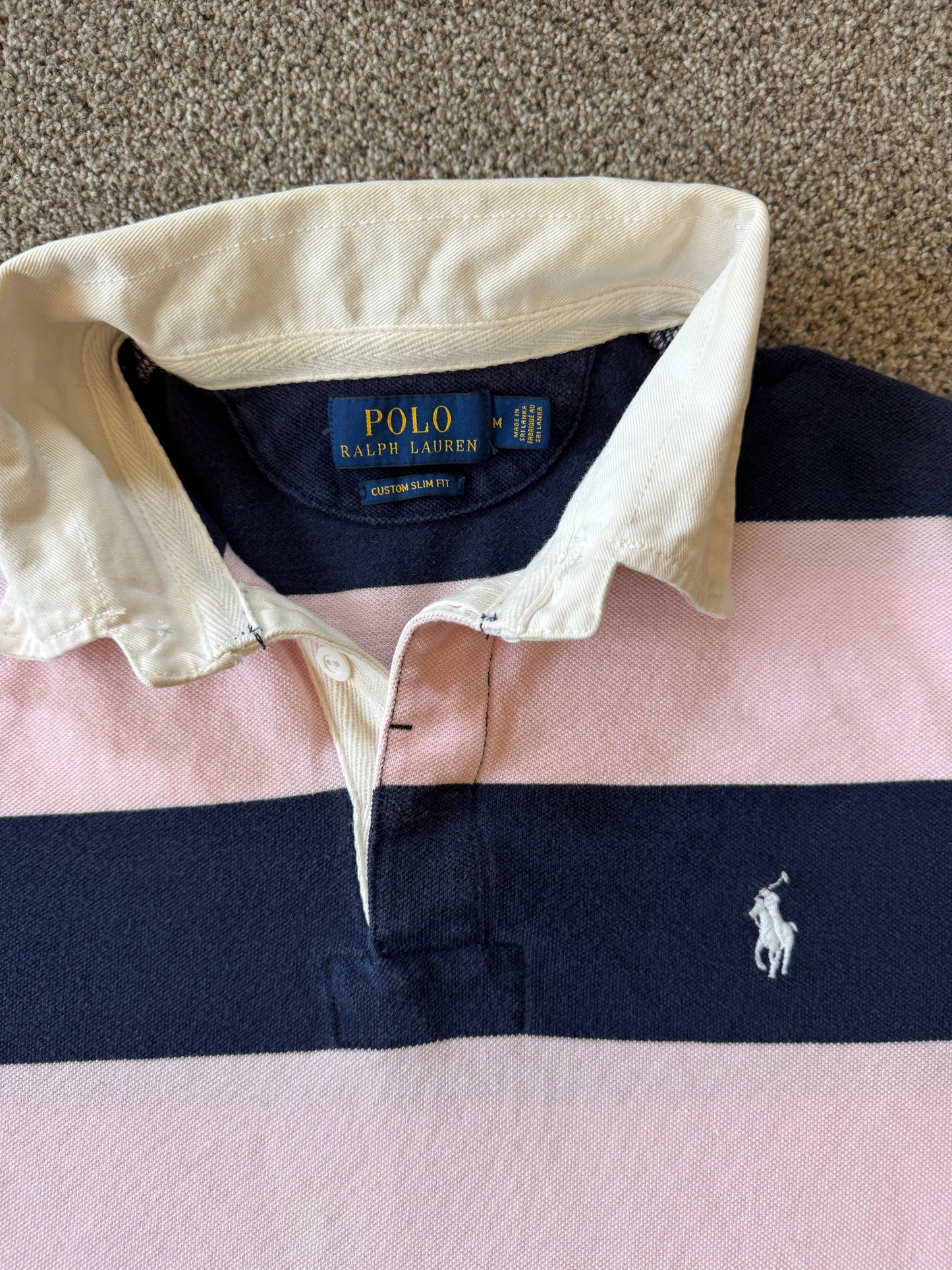Medium Ralph Lauren Navy and Pink Short Sleeved Rugby Shirt