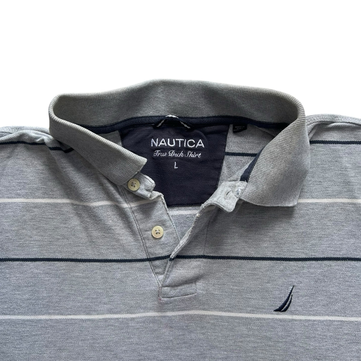 Large Nautica Grey with White and Navy Stripes Polo Shirt