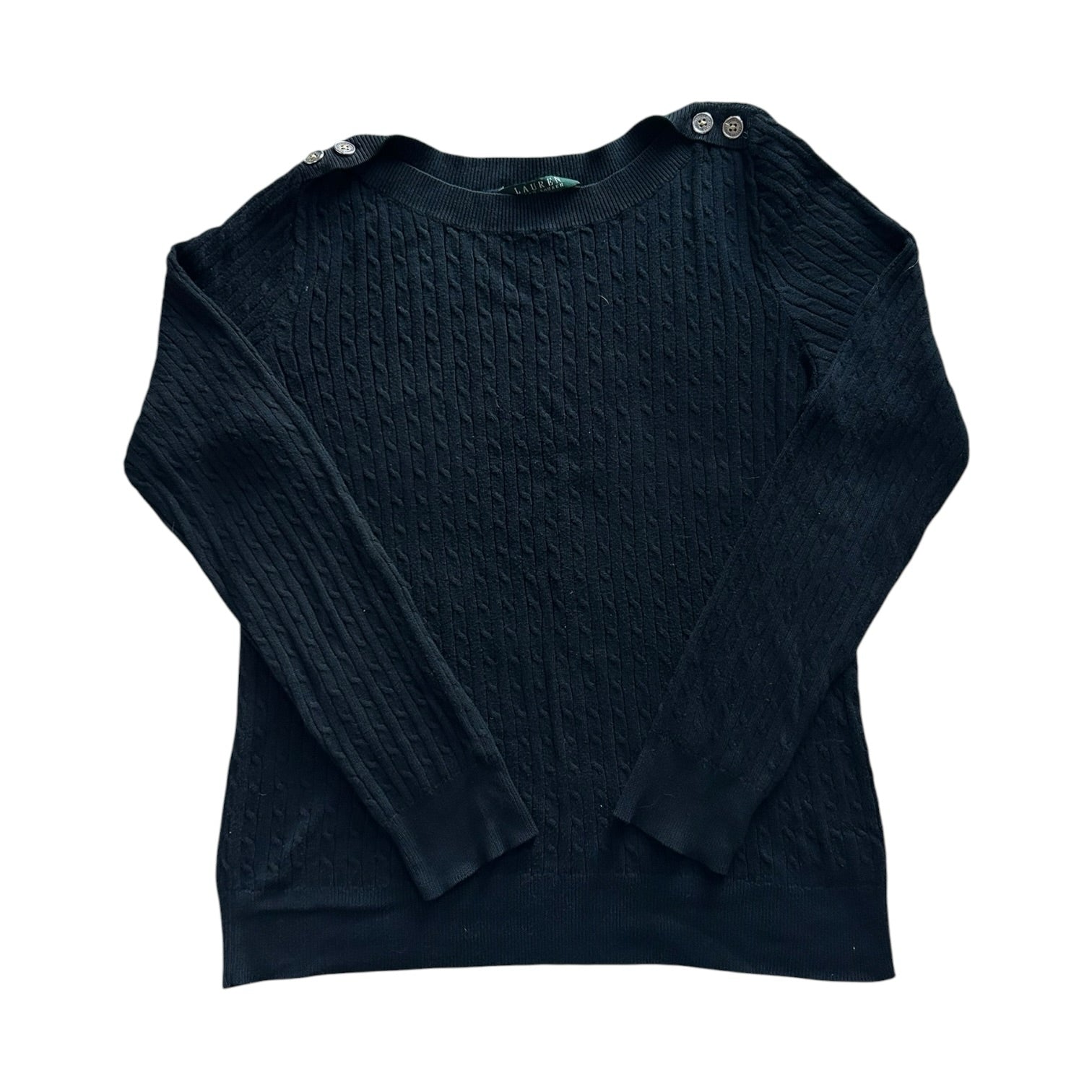 Woman's Medium Ralph Lauren Black Cable Knit with Shoulder Buttons