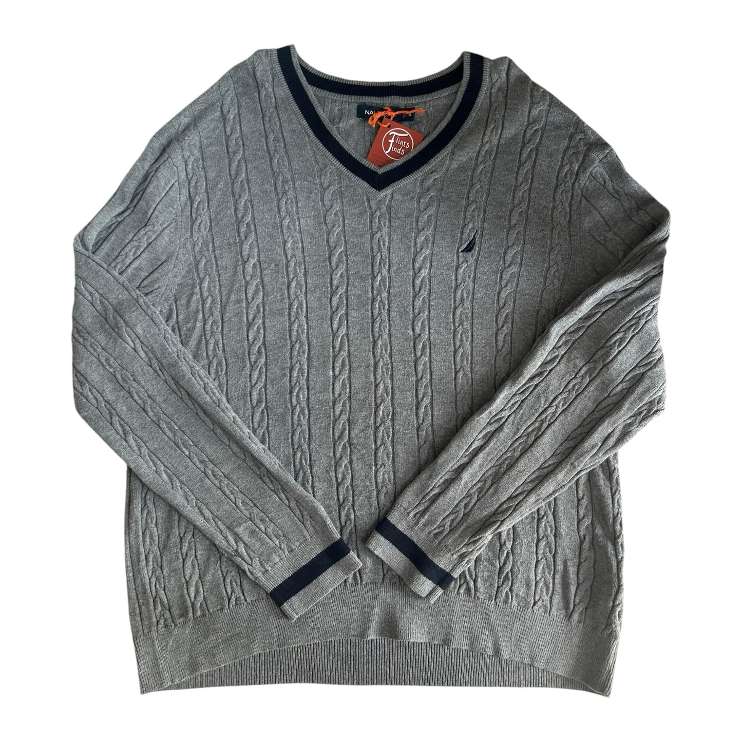 Extra large Nautica Grey Cable Knit V-Neck Jumper