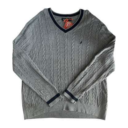 Extra large Nautica Grey Cable Knit V-Neck Jumper