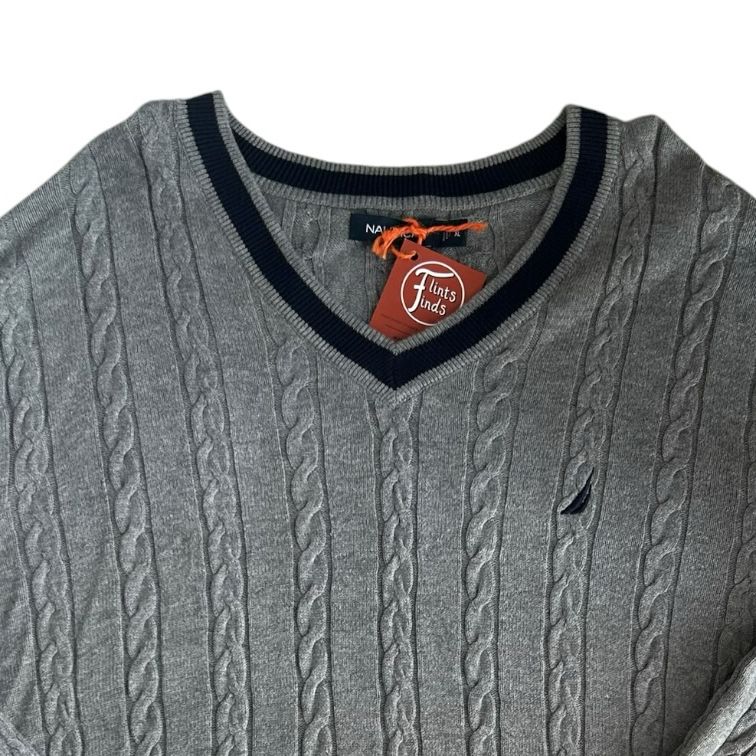Extra large Nautica Grey Cable Knit V-Neck Jumper