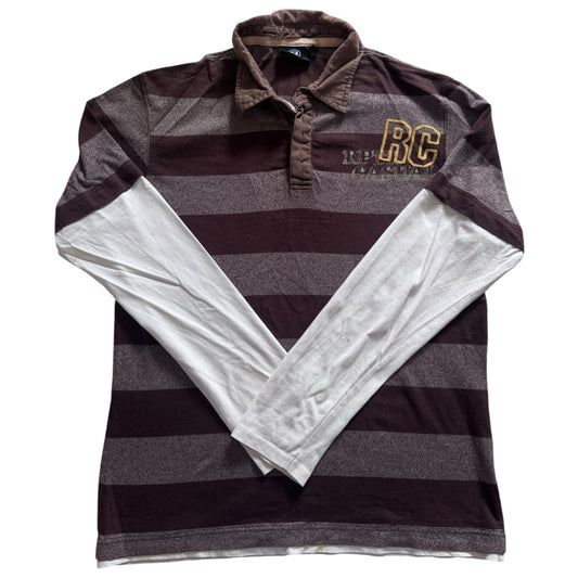 Medium Reporter Brown Striped and White Built In Sleeves Rugby Shirt