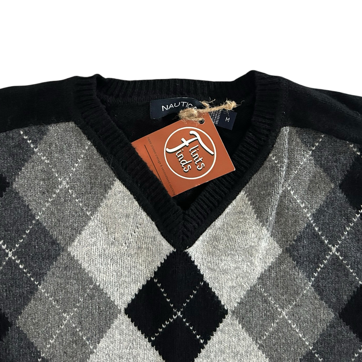 Medium Nautica Black Argyle V-Neck Wool Blend Jumper