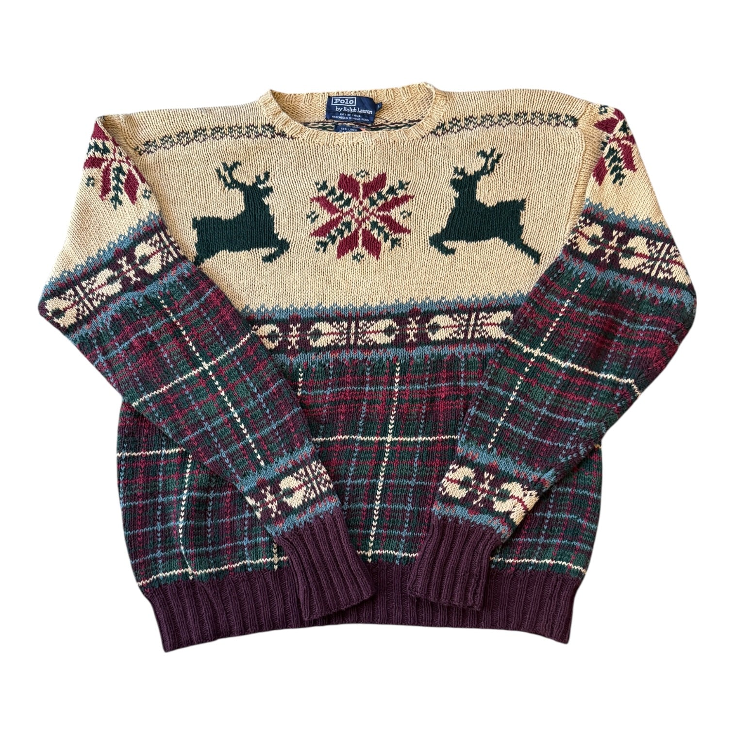 Large Ralph Lauren Beige Reindeer Linen Knitted Jumper