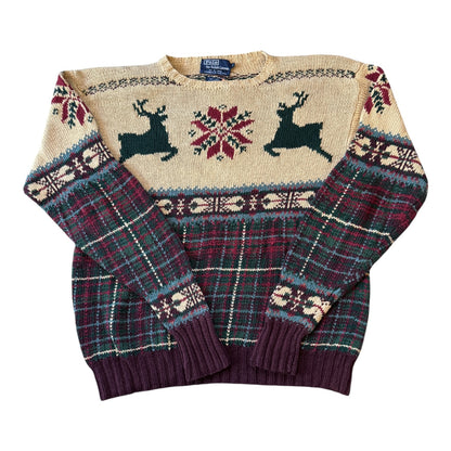 Large Ralph Lauren Beige Reindeer Linen Knitted Jumper