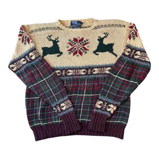 Large Ralph Lauren Beige Reindeer Linen Knitted Jumper