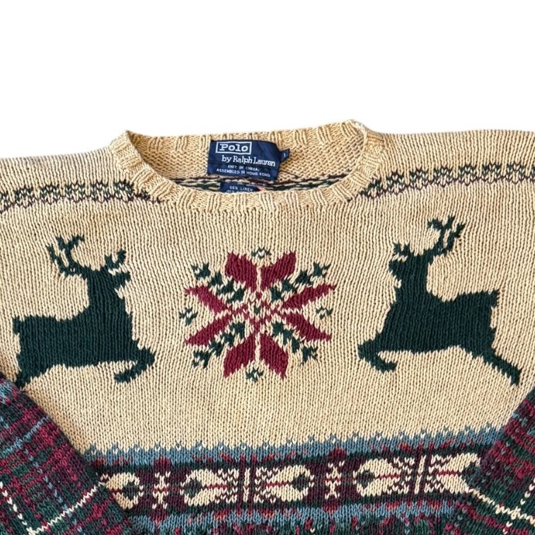 Large Ralph Lauren Beige Reindeer Linen Knitted Jumper