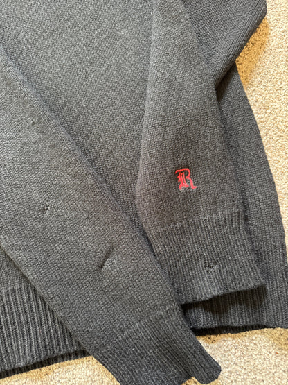 Medium Ralph Lauren Rugby Black Shetland Wool Shawl Neck Jumper - Repaired