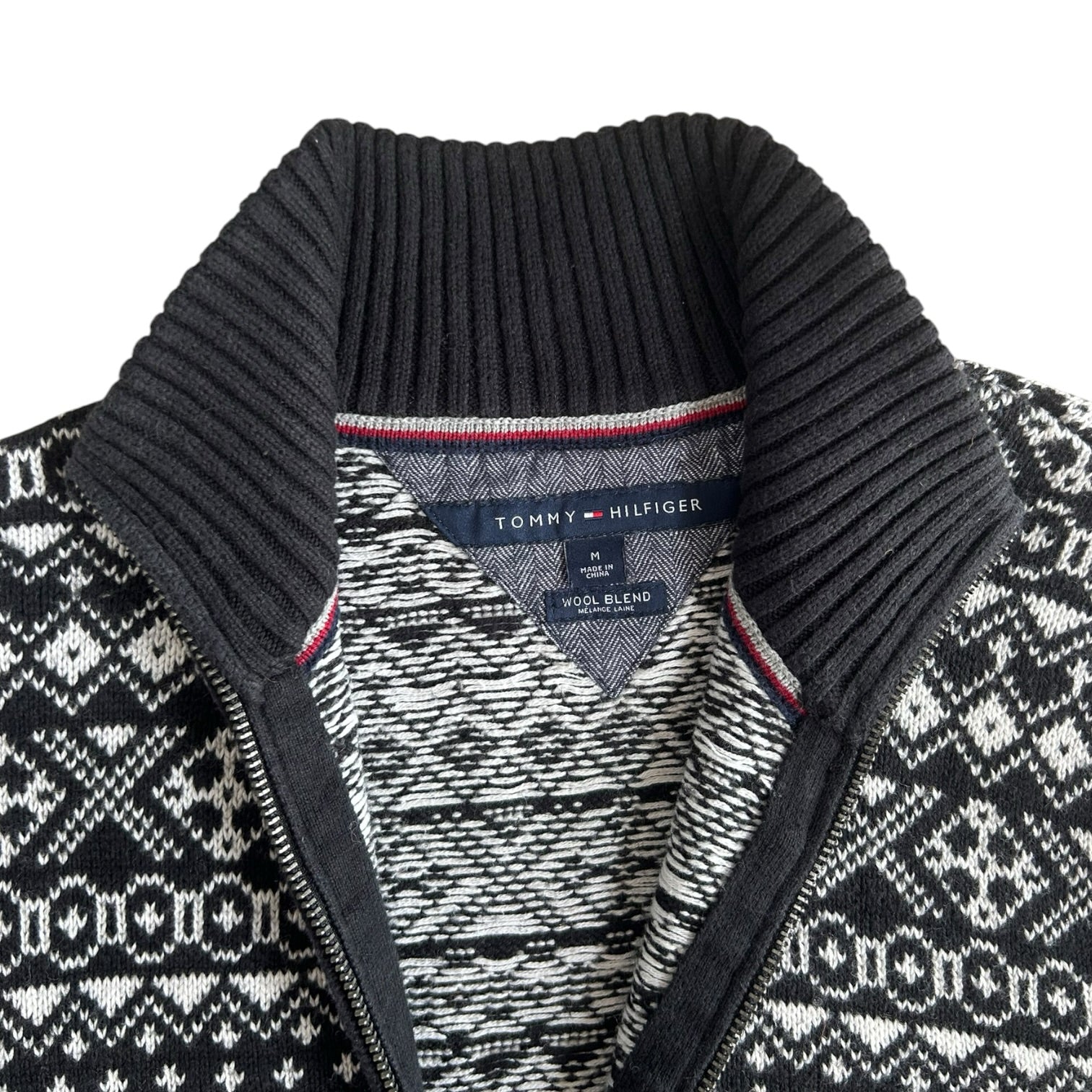 Medium Tommy Hilfiger Black and White Fair Isle Full Zip Jumper