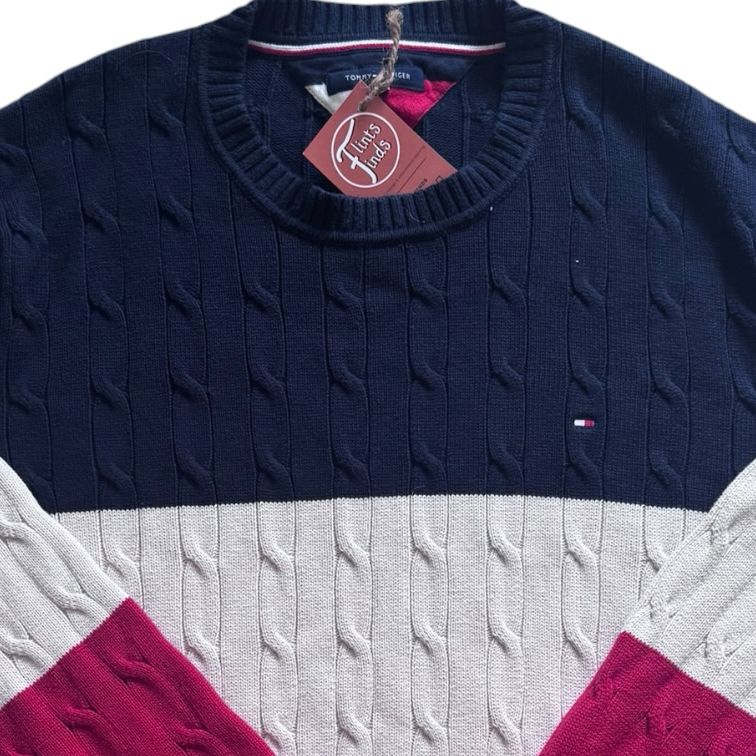 3XL Tommy Hilfiger Navy, White and Red Cable Knit Jumper