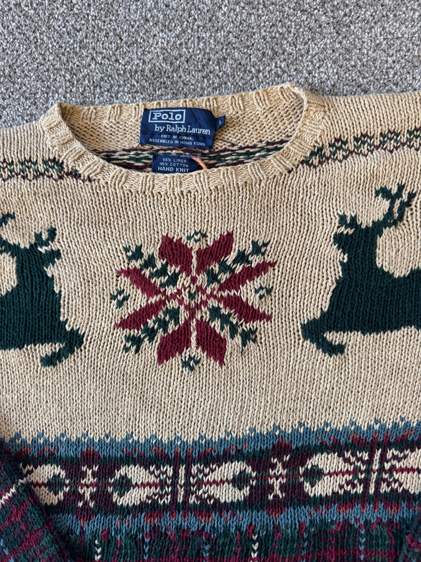 Large Ralph Lauren Beige Reindeer Linen Knitted Jumper