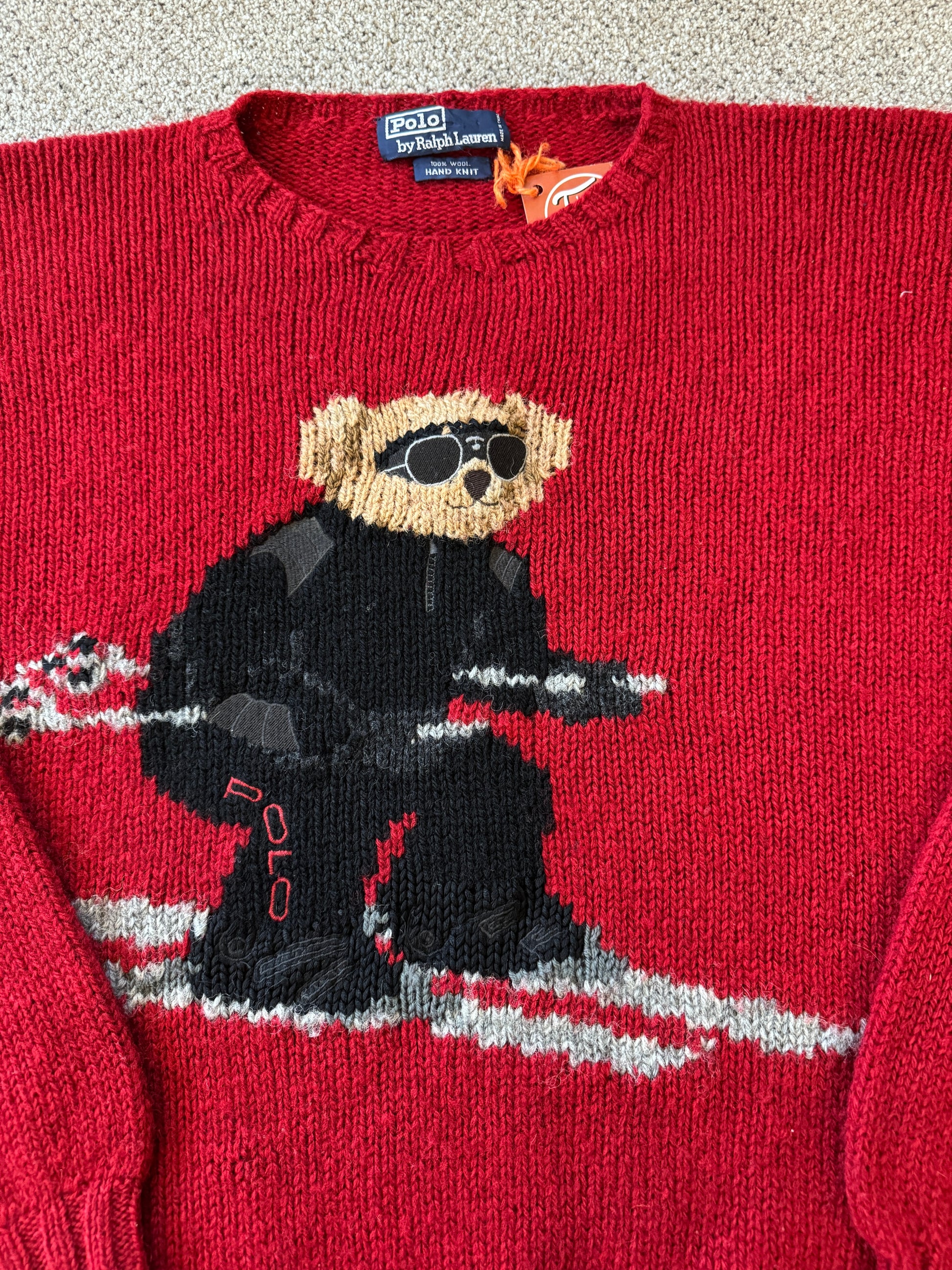 Rare 90's Extra large Ralph Lauren Red Wool Polo Bear Ski Jumper