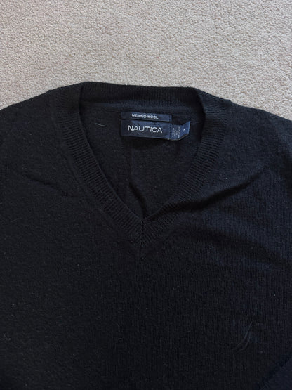 Medium Nautica Black Merino Wool V-Neck Jumper