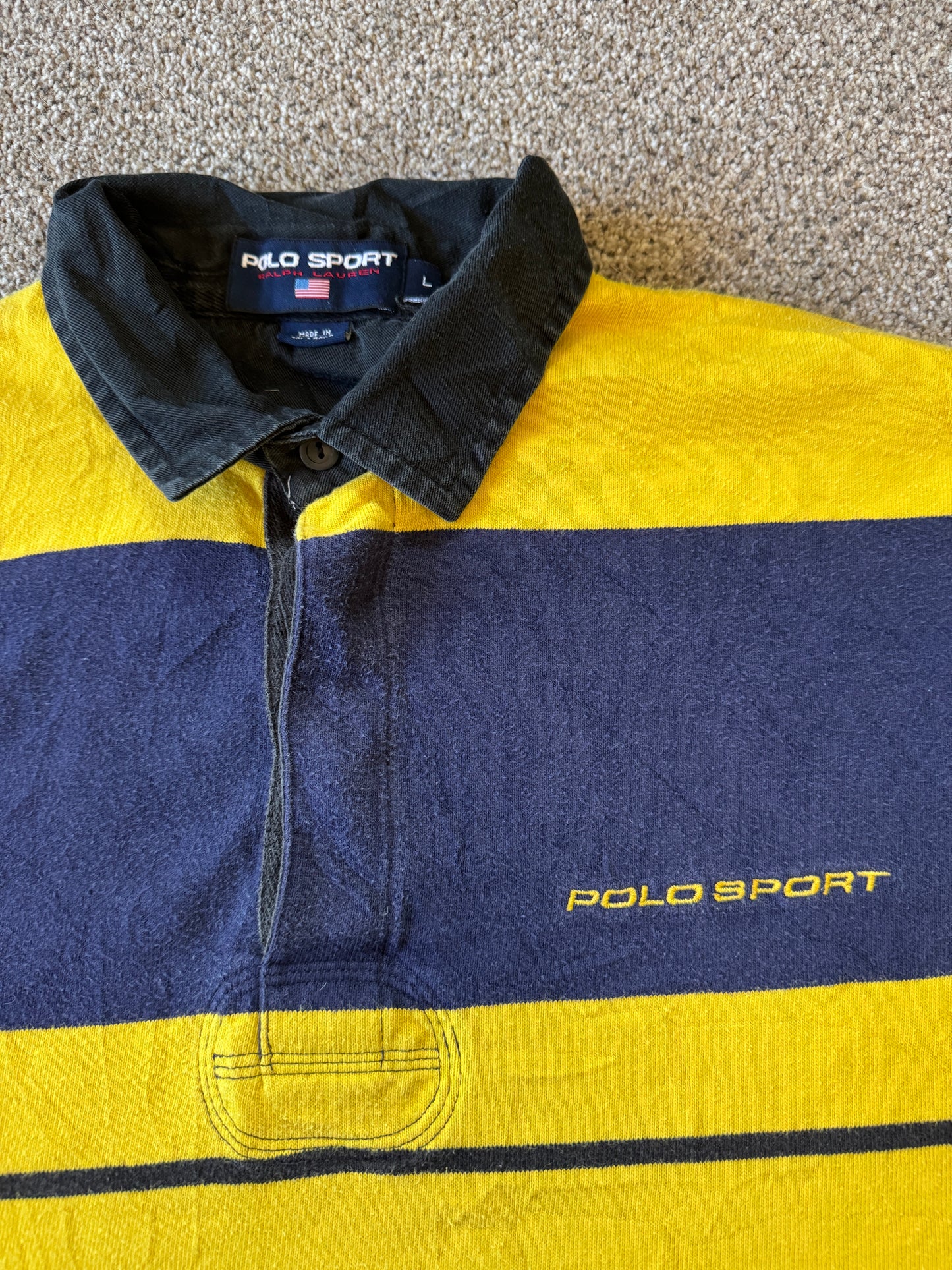 Oversized Large Ralph Lauren Polo Sport Yellow and Navy Rugby Shirt