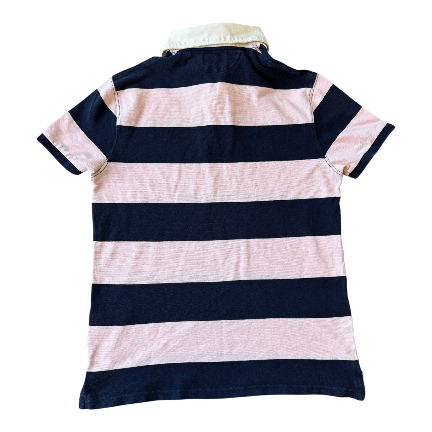 Medium Ralph Lauren Navy and Pink Short Sleeved Rugby Shirt