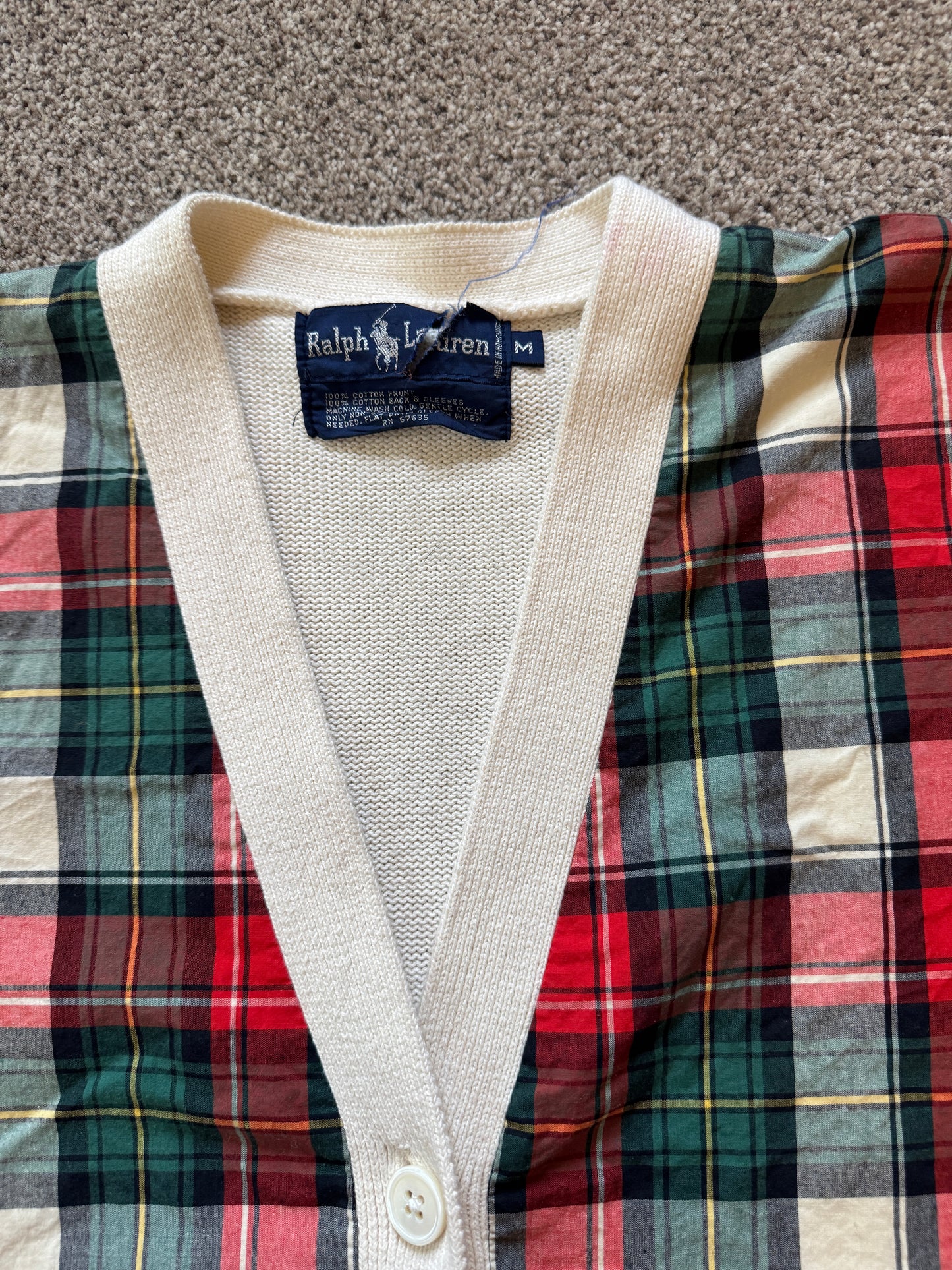 Vintage Medium Ralph Lauren Beige, Red and Green Tartan Cardigan