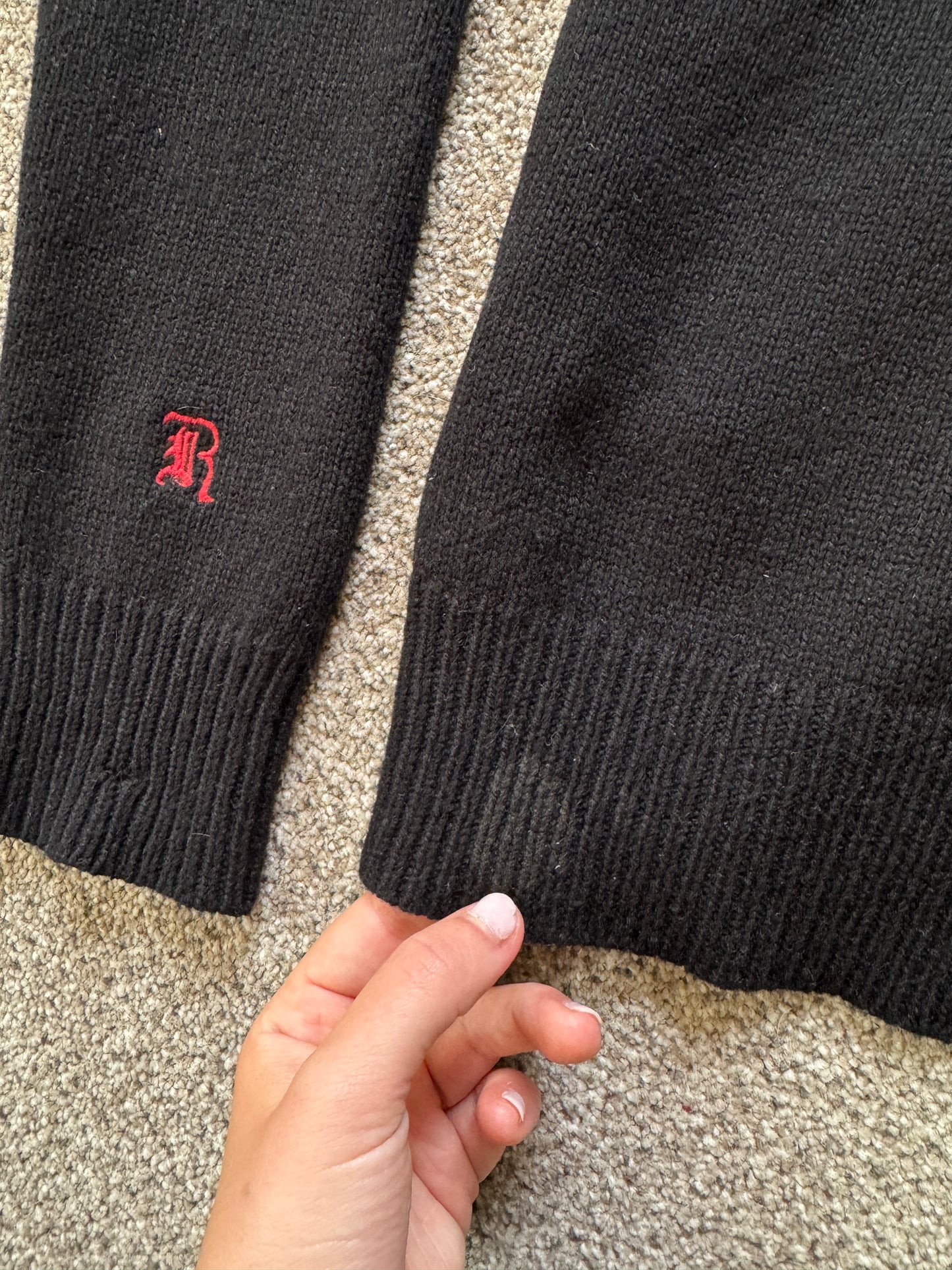 Medium Ralph Lauren Rugby Black Shetland Wool Shawl Neck Jumper - Repaired