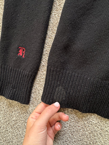 Medium Ralph Lauren Rugby Black Shetland Wool Shawl Neck Jumper - Repaired