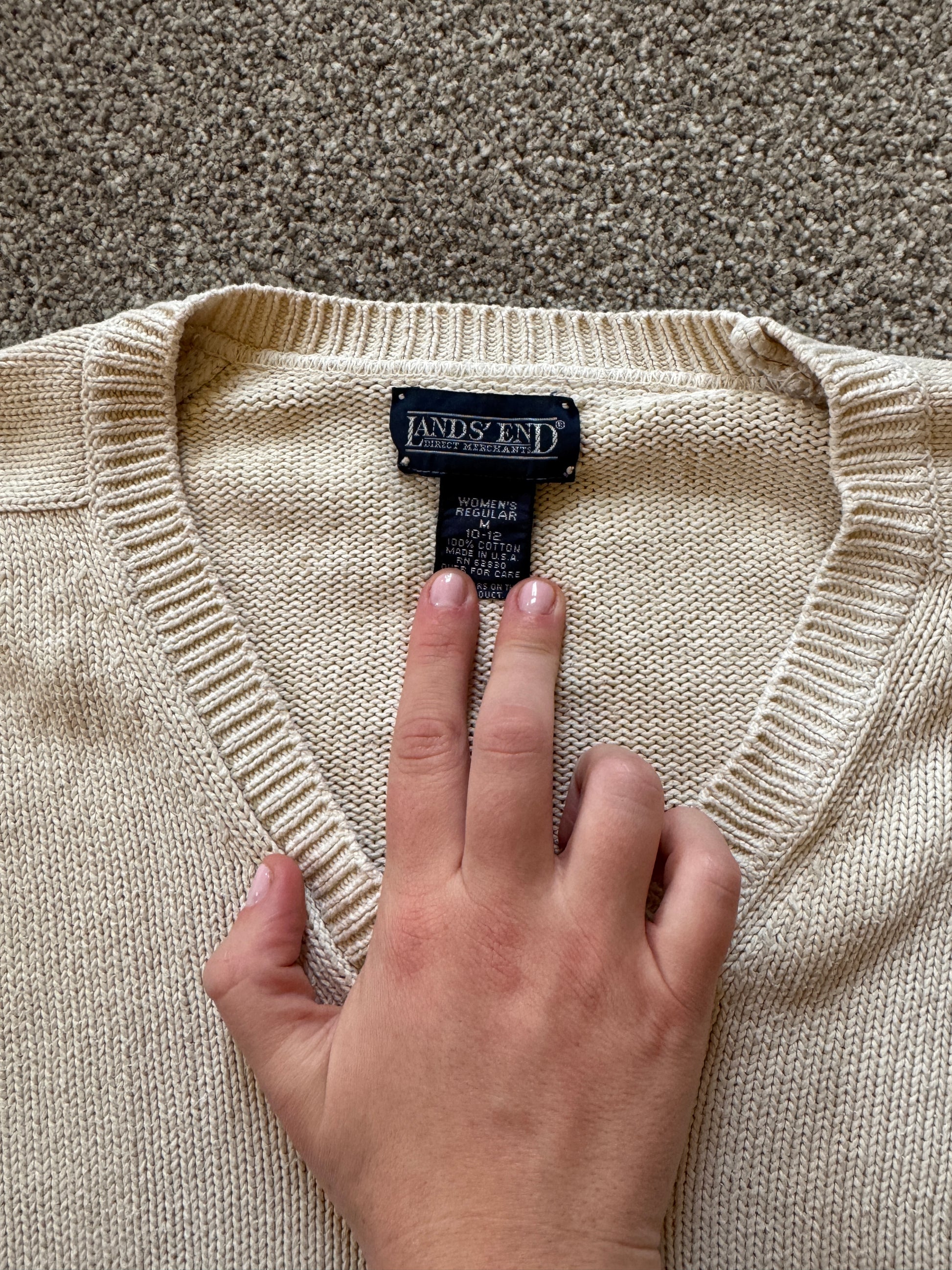 Woman's Medium Lands' End Beige V-Neck Knitted Jumper