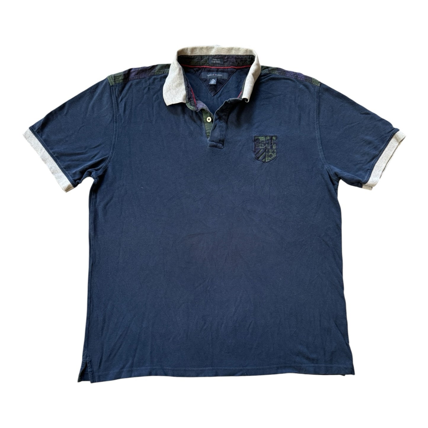 XXL Tommy Hilfiger Navy Polo Shirt with Green Tartan Shoulder