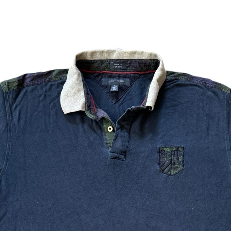 XXL Tommy Hilfiger Navy Polo Shirt with Green Tartan Shoulder