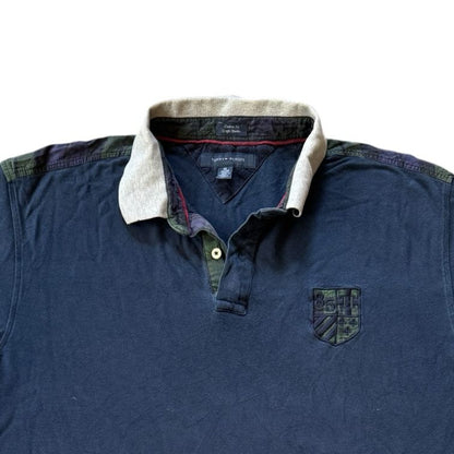 XXL Tommy Hilfiger Navy Polo Shirt with Green Tartan Shoulder