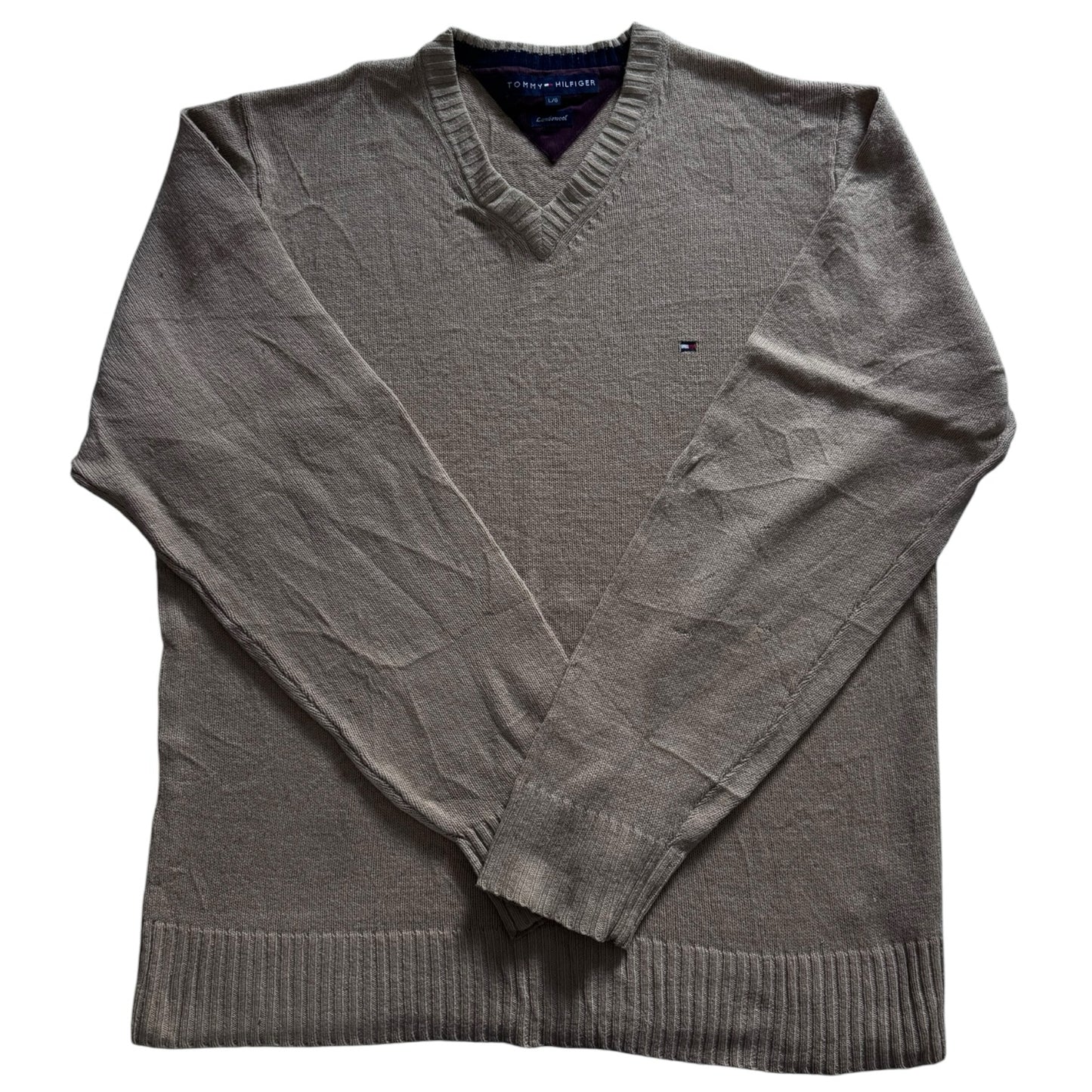 Large Tommy Hilfiger Beige Lambswool V-Neck Knitted Jumper