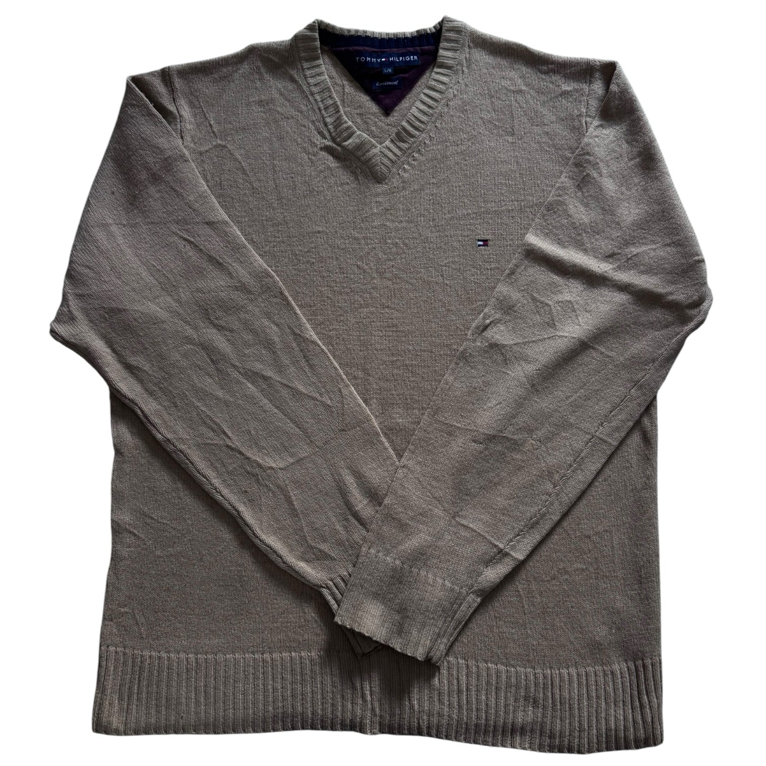 Large Tommy Hilfiger Beige Lambswool V-Neck Knitted Jumper