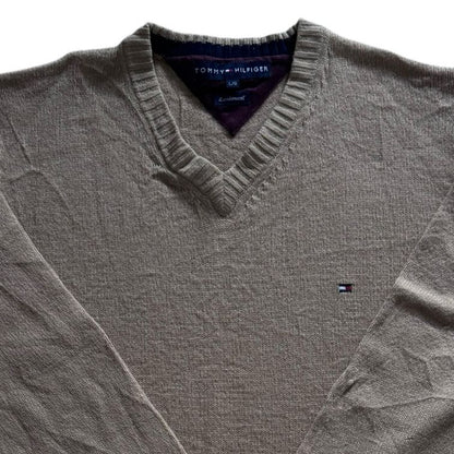Large Tommy Hilfiger Beige Lambswool V-Neck Knitted Jumper