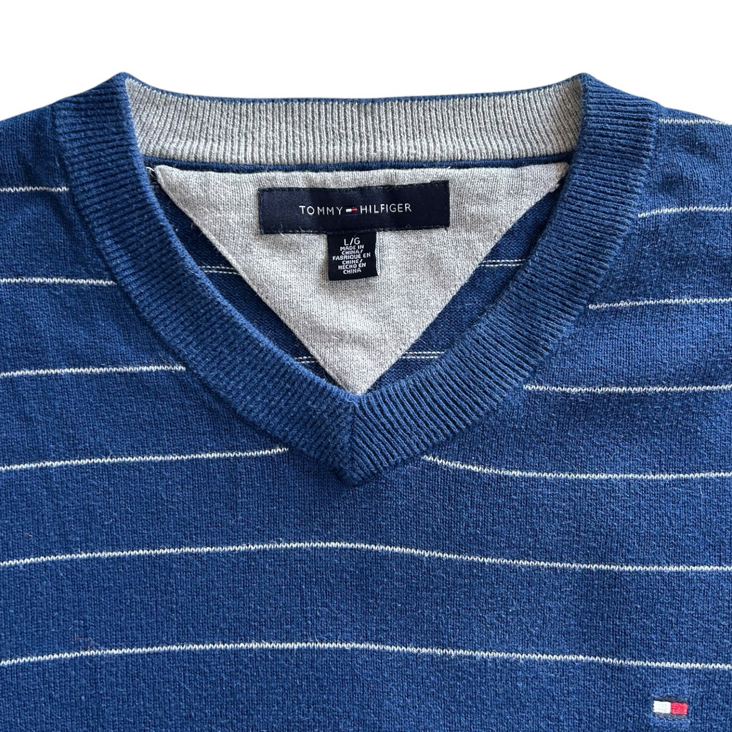 Large Tommy Hilfiger Blue and Grey Striped V-Neck Jumper