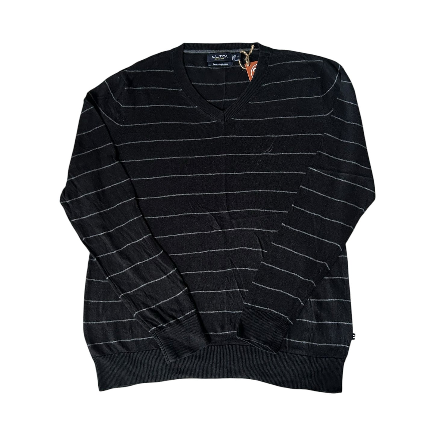 Medium Nautica Black and Grey V-Neck Jumper